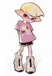  1girl arms_behind_back black_shorts blonde_hair full_body high_tops highres inari1369 inkling inkling_girl inkling_player_character nintendo open_mouth pink_shirt pointy_ears print_shirt red_eyes shadow shirt shoes short_hair shorts simple_background smile sneakers solo splatoon_(series) splatoon_3 standing tachi-e tentacle_hair white_background white_footwear yellow_trim 