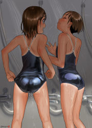 2girls adjusting_clothes adjusting_swimsuit ass blue_one-piece_swimsuit brown_hair commentary_request competition_school_swimsuit feet_out_of_frame from_behind highres mu-pyon multiple_girls one-piece_swimsuit one-piece_tan original school_swimsuit shade shiny_clothes short_hair shower_head showering smile standing swimsuit tan tanline water rating:Sensitive score:129 user:danbooru