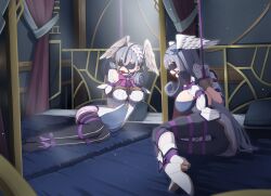  2girls ball_gag blindfold bound captured gag gagged grey_hair head_wings melia_antiqua multiple_girls on_bed rope sex_toy vibrator wings xenoblade_chronicles:_future_connected xenoblade_chronicles_(series) xenoblade_chronicles_1 xenoblade_chronicles_3 