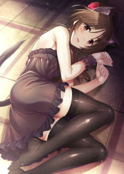 animal_ears ass babydoll bare_shoulders black_babydoll black_thighhighs blush breasts brown_eyes brown_hair cat_day cat_ears cat_tail commentary_request fake_animal_ears fake_tail flower frills hair_flower hair_ornament highres idolmaster idolmaster_cinderella_girls indoors legs looking_at_viewer lying medium_hair ment on_floor open_mouth paw_pose small_breasts solo tail takamori_aiko thighhighs thighs wrist_cuffs  rating:Sensitive score:20 user:danbooru