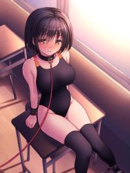 1girl animal_collar bdsm black_hair black_one-piece_swimsuit black_thighhighs bondage bondage_cuffs bound brown_eyes chair collar commentary_request competition_swimsuit cuffs desk highleg highleg_swimsuit knees_together_feet_apart leash one-piece_swimsuit original restrained sakurayashiki_nisei school_desk short_hair sitting slave solo spreader_bar swimsuit thighhighs viewer_holding_leash window rating:Questionable score:122 user:danbooru