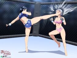  2girls artist_request catfight fighting gloves high_kick kicking multiple_girls tagme 