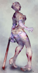  1girl absurdres ass bandaged_face blood blood_stain bloody_weapon boots bruise bubble_head_nurse creepy crooked_legs fengmo hat highres injury looking_back monster_girl nurse nurse_cap pale_skin panties smoking_pipe silent_hill solo thigh_boots thighhighs torn_clothes underwear weapon  rating:Sensitive score:67 user:dmysta3000