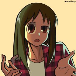  1girl artist_name azumanga_daiou black_hair brown_eyes commentary cosplay english_commentary fingernails grand_theft_auto grand_theft_auto:_san_andreas highres kasuga_ayumu long_hair looking_at_viewer markislazy medium_bangs open_clothes open_mouth open_shirt parody plaid plaid_shirt red_shirt shirt sidelocks solo the_truth the_truth_(cosplay) undershirt uneven_eyes upper_body white_shirt yellow_background 