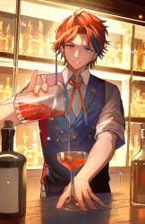  1boy alcohol bar_(place) bartender black_hair blue_eyes bottle collared_shirt commentary counter cup curtained_hair drinking_glass english_commentary facing_viewer heterochromia highres holostars indoors light_smile looking_at_viewer male_focus mole mole_under_eye multicolored_hair orange_eyes orange_hair shirt short_hair solo tumbler two-tone_hair upper_body virtual_youtuber wine_glass xyunx yukoku_roberu yukoku_roberu_(1st_costume) 