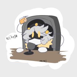  1boy absurdres chair chewing chibi coat glitch_productions hat highres microphone murder_drones n_(murder_drones) no_humans object_in_mouth robot sitting tail yellow_eyes  rating:Sensitive score:3 user:twilight_jester