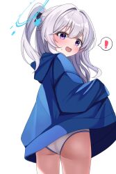  ! 1girl absurdres ass blue_archive blue_halo blue_hoodie blush braid cowboy_shot drawing_flover grey_hair halo highres hood hoodie long_hair long_sleeves miyako_(blue_archive) miyako_(young)_(blue_archive) one_side_up open_mouth panties purple_eyes simple_background solo spoken_exclamation_mark underwear white_background white_panties 