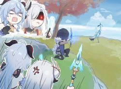  5girls aiming anger_vein angry bird blue_sky bow_(weapon) cloud cloud_retainer_(genshin_impact) crossbow day ganyu_(genshin_impact) genshin_impact highres holding holding_weapon motion_lines multiple_girls outdoors red_eyes shaded_face shenhe_(genshin_impact) sky sweatdrop tree wavy_mouth weapon xianyun_(genshin_impact) xinzoruo yelan_(genshin_impact)  rating:Sensitive score:17 user:danbooru