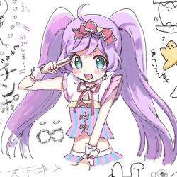 1girl :d ahoge bad_id bad_twitter_id commentary_request cropped_legs cropped_shirt green_eyes hand_up idol_clothes inactive_account long_hair looking_at_viewer lowres manaka_laala midriff neck_ribbon nkohime oekaki open_mouth pink_ribbon pretty_series pripara purple_hair ribbon smile solo translation_request twintails v very_long_hair white_background wrist_cuffs