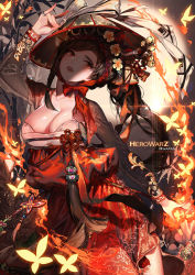  1girl arm_at_side arm_up artist_name bell black_hair bow braid breasts brown_hair bug butterfly character_name chin_strap cleavage closed_eyes collarbone copyright_name cowboy_shot fire floral_print flower fox_shadow_puppet glint glowing_butterfly hair_flower hair_ornament hair_ribbon hanbok hat head_tilt hero_warz herowarz huge_breasts hwaran insect jeonmo jewelry jingle_bell kawacy korean_clothes leaning_to_the_side lens_flare light_particles lips long_hair long_sleeves looking_away looking_up maedeup marble open_clothes open_shirt red_bow red_eyes ribbon ring see-through see-through_silhouette shade shiny_skin shirt solo tassel 