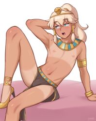  1boy aqua_eyes arm_up armlet armpits blonde_hair bracelet bulge cody_(dross) collarbone commentary dross egyptian_clothes english_commentary eyelashes foot_out_of_frame gold_footwear hair_ornament hair_tubes high_heels highres jewelry knee_up leaning_back legs long_hair looking_to_the_side male_focus navel nipples open_mouth original ponytail revealing_clothes solo tan tanline thighs trap 