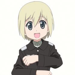 ^_^ animated animated_gif blonde_hair blue_eyes closed_eyes erica_hartmann lowres open_mouth short_hair simple_background smile strike_witches uniform world_witches_series rating:Sensitive score:15 user:butterbernd