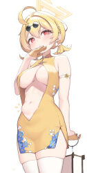  1girl absurdres ahoge belly blonde_hair blue_archive blush braid breasts china_dress chinese_clothes cleavage cleavage_cutout cloba clothing_cutout dress gloves hair_ornament half_gloves halo highres holding kotori_(blue_archive) large_breasts looking_at_viewer midriff muffin_top navel plump red_eyes simple_background skindentation solo thighhighs twintails underboob white_background yellow_gloves yellow_halo  rating:Sensitive score:68 user:danbooru
