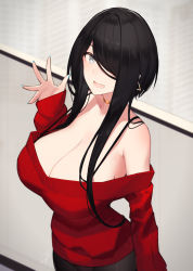 1girl black_bra black_hair black_pantyhose blue_nails blush bra bra_strap breasts choker cleavage commentary_request earrings fang grey_eyes hair_over_one_eye hayabusa_(vert_320) highres jewelry large_breasts long_hair long_sleeves looking_at_viewer mole mole_under_eye nail_polish off_shoulder open_mouth original pantyhose red_sweater sidelocks sleeves_past_wrists slit_pupils smile solo sweater underwear rating:Sensitive score:58 user:danbooru