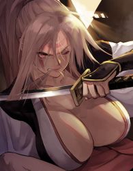  1girl arc_system_works baiken biting_hair breasts cleavage collarbone commentary_request cutting_hair cutting_own_hair eyelashes facial_mark forehead guilty_gear highres jako_(toyprn) katana large_breasts lips long_hair pink_eyes pink_hair ponytail scar scar_across_eye scar_on_face solo sword traditional_media vambraces weapon  rating:Sensitive score:71 user:danbooru