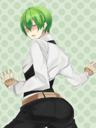  1boy arc_system_works ass aya_(min412) blazblue blush formal green_hair hazama male_focus solo suit yellow_eyes  rating:Questionable score:13 user:DansTheLoveGame