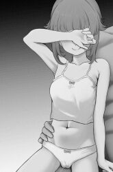  1boy 1girl armpit_crease aruhian breasts cameltoe camisole closed_mouth covering_face eyebrows_hidden_by_hair feet_out_of_frame greyscale hand_on_another&#039;s_waist highres midriff monochrome mushoku_tensei navel norn_greyrat out_of_frame panties pussy_juice_stain short_hair small_breasts smile underwear 