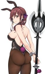 1girl animal_ears ass back backless_leotard black_pantyhose breasts brown_eyes brown_hair cross cross_necklace fake_animal_ears halberd holding holding_weapon jewelry leotard long_hair looking_at_viewer melty_blood mole mole_under_mouth necklace noel_(tsukihime) pantyhose playboy_bunny polearm rabbit_ears simple_background smile solo tsukihime weapon white_background wrist_cuffs yuzuruka_(bougainvillea) rating:Sensitive score:54 user:danbooru