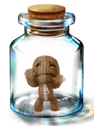 623b+ 633b against_glass black_eyes bottle bottle_meme_(pixiv) cork frown full_body in_bottle in_container jar littlebigplanet looking_at_viewer no_humans open_mouth sackboy simple_background solo standing white_background zipper rating:Sensitive score:8 user:danbooru