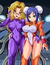  2girls arcana_heart black_lips blonde_hair blue_eyes blue_hair breasts cleavage dark_background female_focus glados glasses hand_on_own_ear hand_on_own_hip highres human_version humanized_glados large_breasts leotard looking_at_viewer mei-fang multiple_girls open_mouth orange_leotard portal_(series) red_leotard seductive_smile short_hair sigurdhosenfeld smile tentacles thick_thighs thighs tone_leotard two-tone_leotard white_leotard yellow_eyes zero_suit 