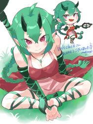  1girl ahoge asymmetrical_breasts bandaged_foot bandaged_leg bandages bare_shoulders bell breasts chibi chibi_inset cleavage commission demon_horns elbow_gloves feet gem gloves grass green_gemstone green_hair hair_bell hair_ornament hand_on_own_foot holding holding_polearm holding_weapon horns jade_(boltclash) jewelry light_smile long_bangs medium_breasts messy_hair multiple_views necklace omkuros on_grass oni_girl original pale_skin pink_eyes pink_skirt polearm revealing_clothes short_eyebrows skeb_commission skirt soles toes weapon white_background 