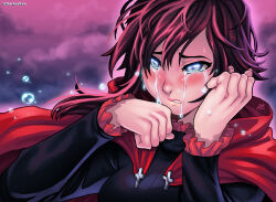  1girl black_hair breasts crying darkereve grey_eyes hood large_breasts parted_lips red_hair ruby_rose rwby short_hair solo tears  rating:General score:9 user:spk