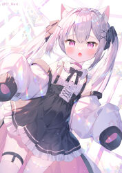  1girl animal_ear_fluff animal_ears barcode black_bow black_skirt blush bow cat_ears collar collared_shirt commentary_request day dress_shirt fang frilled_shirt_collar frilled_skirt frills grey_hair hair_between_eyes hair_ornament highres ikari_(aor3507) jacket long_sleeves looking_at_viewer open_mouth original pink_collar pleated_skirt puffy_long_sleeves puffy_sleeves purple_eyes shirt skirt sleeveless sleeveless_shirt sleeves_past_fingers sleeves_past_wrists solo sunlight suspender_skirt suspenders thighhighs twintails twitter_username white_jacket white_shirt white_thighhighs x_hair_ornament 