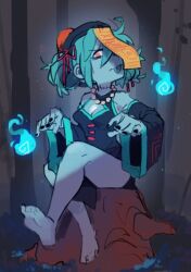  1girl aqua_hair aqua_skin bare_legs barefoot black_hat black_nails blue_fire breasts cleavage cleavage_cutout clothing_cutout detached_sleeves fire full_body hat hatsune_miku jewelry jiangshi knuxy necklace pink_eyes sitting solo stitched_neck stitches tongue tongue_out tree_stump vocaloid wide_sleeves 