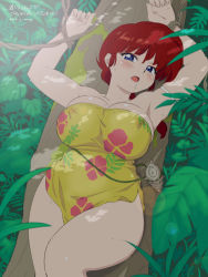  1girl armpits bare_arms bare_shoulders blue_eyes blush braid breasts cleavage covered_erect_nipples covering_crotch covering_privates curvy dappled_sunlight day dress drooling embarrassed floral_print highres large_breasts legs_together looking_at_viewer lying mage_(harumagedon) no_bra open_mouth outdoors plant ranma-chan ranma_1/2 red_hair seashell shell short_hair skindentation solo sunlight thick_thighs thighs  rating:Questionable score:97 user:DarkToonLink