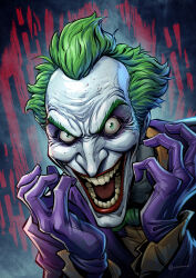 1boy absurdres artist_name batman_(series) bow bowtie colored_skin commentary dc_comics english_commentary gloves green_bow green_bowtie green_eyes green_hair highres initial jacket looking_at_viewer male_focus open_mouth patrick_brown purple_gloves purple_jacket shirt short_hair solo the_joker upper_body white_shirt white_skin yellow_teeth