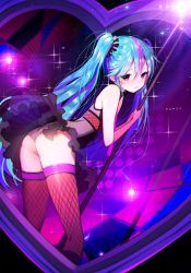  1girl ass bad_id bad_pixiv_id blue_hair brown_thighhighs chromatic_aberration female_focus fishnet_thighhighs fishnets hatsune_miku heart long_hair looking_at_viewer multicolored_hair pole pole_dancing purple_eyes purple_hair skirt solo sparkle stripper_pole sukja sweet_devil_(vocaloid) thighhighs twintails two-tone_hair very_long_hair vocaloid  rating:Sensitive score:46 user:danbooru