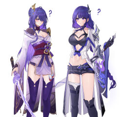  2girls ? absurdres acheron_(honkai:_star_rail) acheron_(honkai:_star_rail)_(cosplay) asymmetrical_legwear asymmetrical_sleeves black_bridal_gauntlets black_footwear black_gloves black_sash black_shorts black_shrug blue_eyes blue_hair blush boots breasts bridal_gauntlets cape cleavage color_connection colored_inner_hair commentary_request company_connection cosplay costume_switch cutout_above_navel feet_out_of_frame genshin_impact gloves hair_color_connection hair_ornament hair_over_one_eye highres holding holding_sword holding_weapon honkai:_star_rail honkai_(series) japanese_clothes kimono large_breasts leg_tattoo long_hair long_sleeves look-alike looking_at_another low-braided_long_hair low-tied_long_hair mihoyo mole mole_under_eye multicolored_hair multiple_girls navel obi off_shoulder print_sleeves purple_hair purple_kimono purple_thighhighs raiden_shogun raiden_shogun_(cosplay) sash shorts simple_background single_bare_shoulder single_off_shoulder single_thigh_boot sorajang11 standing sword tattoo thigh_boots thighhighs thighs waist_cape weapon weapon_on_back white_background white_cape wide_sleeves 