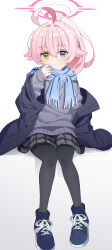 1girl absurdres ahoge black_footwear black_jacket blue_archive blue_eyes blue_scarf blush closed_mouth fringe_trim full_body grey_shirt grey_skirt hair_between_eyes halo highres hoshino_(blue_archive) jacket long_hair long_sleeves looking_at_viewer open_clothes open_jacket pink_hair pink_halo scarf shirt shoes skirt solo warojiku yellow_eyes 