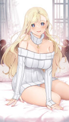  1girl :d asymmetrical_bangs bare_legs bare_shoulders blonde_hair blush breasts bright_pupils cleavage collar collarbone covered_navel curly_hair curtains day detached_collar dress earrings grey_eyes hataraki_kuma indoors jewelry large_breasts long_hair long_sleeves looking_at_viewer nail_polish off-shoulder_dress off-shoulder_sweater off_shoulder on_bed open_mouth original panties pantyshot pendant pillow pink_nails ribbed_sweater short_dress sitting smile solo sweater sweater_dress swept_bangs turtleneck underwear white_collar white_dress white_panties white_pupils white_sleeves white_sweater window yokozuwari 