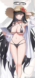  1girl alternate_costume bikini black_bikini black_choker black_hair blue_archive blunt_bangs breasts chinese_commentary choker commentary feet_out_of_frame flower grin halo hand_on_headwear hat hat_flower hayate_(leaf98k) highres holding holding_tablet_pc large_breasts long_hair looking_at_viewer navel o-ring o-ring_bikini parted_lips red_eyes revision rio_(blue_archive) sideboob simple_background smile solo stomach straw_hat sun_hat swimsuit tablet_pc thighs underboob very_long_hair watermark web_address wet white_background 
