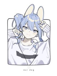  1girl animal_ears baggy_clothes blue_nails blush character_name claw_pose closed_mouth earrings hair_between_eyes hands_up highres hololive hoshimachi_suisei jewelry kemonomimi_mode long_hair long_sleeves nail_polish necklace rabbit_ears rabbit_girl shirt side_ponytail sidelocks sleeve_cuffs sleeves_past_wrists smile solo tai_inukai upper_body virtual_youtuber white_shirt 