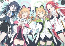  4girls :d ^_^ animal_ear_headphones animal_ears aris_(blue_archive) black_hair black_skirt blonde_hair blue_archive blue_bow blue_eyes bow braid cat_ear_headphones cat_tail closed_eyes commentary_request fake_animal_ears fake_tail game_boy game_development_department_(blue_archive) green_eyes green_halo hair_between_eyes hair_bow halo handheld_game_console headphones highres jacket kanzaki_hiro long_hair long_sleeves looking_at_another lying midori_(blue_archive) momoi_(blue_archive) multiple_girls on_back open_mouth pink_halo pleated_skirt red_bow red_hair shirt short_hair skirt smile tail thighs twitter_username very_long_hair white_jacket white_shirt yellow_halo yuzu_(blue_archive) 