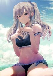  1girl \||/ armpit_crease bare_arms bare_shoulders beads bikini black_bikini bow breasts cleavage cloud cloudy_sky day feet_out_of_frame frilled_bikini frills grey_bow grey_hair hair_bow halterneck hands_on_own_chest hands_up highres idolmaster idolmaster_shiny_colors light_blush long_hair looking_at_viewer looking_down medium_breasts misaki_nonaka navel ocean off-shoulder_bikini off_shoulder outdoors parted_lips partially_submerged see-through see-through_cleavage side-tie_bikini_bottom sidelocks sitting sky solo stomach swept_bangs swimsuit thick_eyelashes thighs three_quarter_view twintails wariza wet yukoku_kiriko 