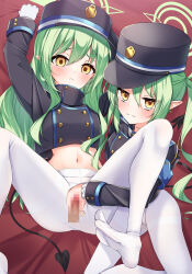  2girls aonu_koru armband assisted_exposure black_hat black_tail blue_archive blue_armband blush censored commentary demon_tail gloves green_hair green_halo halo hat highres hikari_(blue_archive) loli long_hair long_sleeves looking_at_viewer mosaic_censoring multiple_girls navel nozomi_(blue_archive) open_mouth pantyhose peaked_cap penis pointy_ears sex siblings sisters skirt smile spread_legs tail torn_clothes torn_pantyhose train_conductor twins vaginal white_gloves white_pantyhose yellow_eyes 