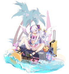  1girl absurdres angel_wings azur_lane azusa_(blue_archive) azusa_(swimsuit)_(blue_archive) bare_arms bare_shoulders beach beach_umbrella bikini blue_archive bow breasts cleavage commentary_request crossover daqi_sama fang feathered_wings firing flower frilled_bikini frills grey_hair hair_between_eyes hair_bow hair_flower hair_ornament heart heart-shaped_pupils highres jewelry legs_apart long_hair m_legs manjuu_(azur_lane) nail_polish navel necklace no_halo ocean one_eye_closed palm_tree peroro_(blue_archive) purple_eyes sandals sitting skin_fang small_breasts stomach swimsuit symbol-shaped_pupils toenail_polish toenails tree umbrella very_long_hair water water_gun white_wings wing_decorations wings yellow_bow 