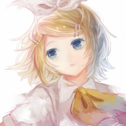 1girl ascot bad_id bad_twitter_id blonde_hair blue_eyes bow colored_eyelashes evillious_nendaiki gretel_(evillious_nendaiki) hair_bow hair_ornament hairclip hoshiakari_lenu kagamine_rin leaning_to_the_side looking_afar parted_lips short_hair signature solo vocaloid rating:Sensitive score:3 user:danbooru