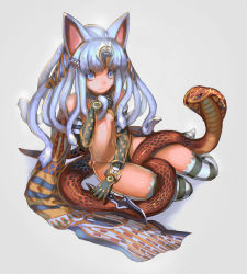  1girl animal_ears bad_id bad_pixiv_id bikini blue_eyes blue_hair cat_ears cobra_(animal) elbow_gloves flat_chest gloves grey_background hair_ornament knife looking_at_viewer matching_hair/eyes navel observerz original simple_background snake snake_hair solo striped_clothes striped_thighhighs swimsuit thighhighs  rating:Sensitive score:24 user:danbooru