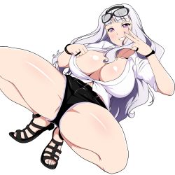 1girl absurdres breasts cleavage eyewear_on_head feet glasses grin headband highres idolmaster idolmaster_(classic) jabara_tornado large_breasts long_hair looking_at_viewer nail_polish open_clothes open_shirt purple_eyes sandals shijou_takane shirt short_shorts shorts silver_hair simple_background smile solo spread_legs squatting toes v white_background rating:Questionable score:91 user:danbooru