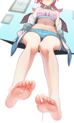  1girl absurdres arknights bare_legs bare_shoulders barefoot blue_choker blue_poison_(arknights) blue_shorts braid choker commentary_request crop_top cum cum_on_body cum_on_feet head_out_of_frame heart highres jacket jiachong_jun_z long_hair micro_shorts midriff navel off_shoulder official_alternate_costume open_clothes open_jacket partial_commentary pink_hair shorts solo sports_bra stomach twin_braids  rating:Explicit score:48 user:danbooru