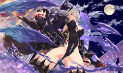 1girl black_thighhighs blood breasts cloud eden&#039;s_ritter_grenze full_moon grey_hair grin hair_between_eyes holding holding_sword holding_weapon horns large_breasts leotard long_hair looking_at_viewer moon night night_sky outdoors purple_eyes sky smile solo sword tachibana_yuu thighhighs weapon 