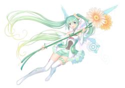  1girl :d boots dress fairy fairy_wings flower frilled_dress frilled_skirt frilled_sleeves frills full_body goodsmile_racing green_eyes green_hair green_skirt hair_flower hair_ornament hatsune_miku long_hair looking_at_viewer necktie open_mouth see-through see-through_dress simple_background skirt smile solo thigh_boots thigh_strap thighhighs tony_taka translucent_dress twintails very_long_hair vocaloid white_footwear white_thighhighs wings  rating:Sensitive score:8 user:danbooru