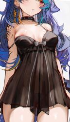  1girl black_dress blue_hair braid breasts commentary commission cowboy_shot dress ear_piercing english_commentary fins fish_tail frown grey_ribbon head_out_of_frame highres lingerie long_hair looking_to_the_side mako_sameshima medium_breasts mole mole_under_eye multicolored_hair multiple_braids naokomama nipples piercing prism_project red_eyes second-party_source see-through see-through_dress shark_tail simple_background solo standing strap_slip streaked_hair studded_choker tail underwear white_background 