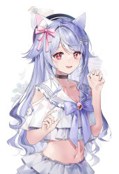  1girl :d absurdres animal_ear_fluff animal_ears black_choker blue_hat blueberry bow bowtie breasts bright_pupils cake cake_slice choker claw_pose cleavage clothing_cutout commission cropped_shirt curly_hair food frilled_shirt frilled_skirt frills fruit hair_ribbon hands_up hat highres kelezi layered_skirt long_hair looking_at_viewer midriff navel official_art open_mouth original pink_eyes pink_ribbon purple_bow purple_bowtie purple_hair red_brooch ribbon sailor_collar shirt short_sleeves shoulder_cutout skirt smile solo upper_body white_background white_pupils white_sailor_collar white_shirt white_skirt 