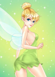  1girl absurdres ass bare_arms bare_shoulders blonde_hair blue_eyes breasts closed_mouth commentary disney dress fairy fairy_wings gradient_background green_dress hair_bun highres lips looking_at_viewer medium_breasts peter_pan_(disney) pointy_ears short_dress simple_background smile sparkle strapless strapless_dress thighs tinker_bell_(disney) titiartwork wings  rating:Sensitive score:29 user:danbooru