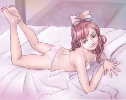  1girl ass bed bra bracelet breasts cleavage female_focus full_body hair_ribbon jewelry leg_up loli long_hair looking_at_viewer lying on_bed on_stomach original panties pink_eyes pink_hair powerdoll ribbon small_breasts solo underwear  rating:Explicit score:90 user:Cheria_Barnes